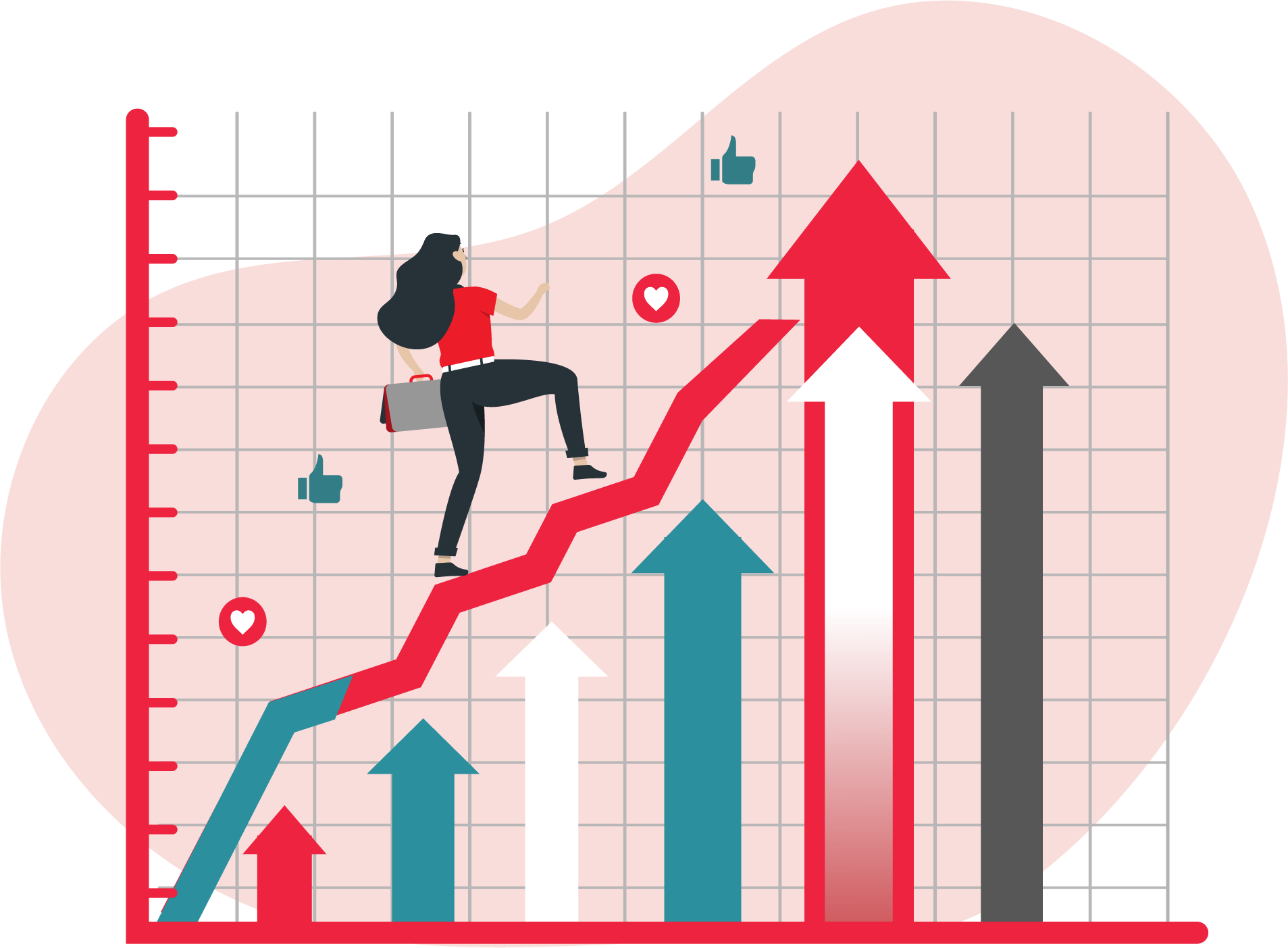 Illustration of a brand rising with video marketing elements like play buttons, charts, and engagement icons, symbolizing brand growth and visibility.