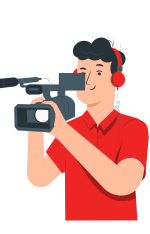Man operating a professional video camera, filming on set, representing the process of video production and storytelling.